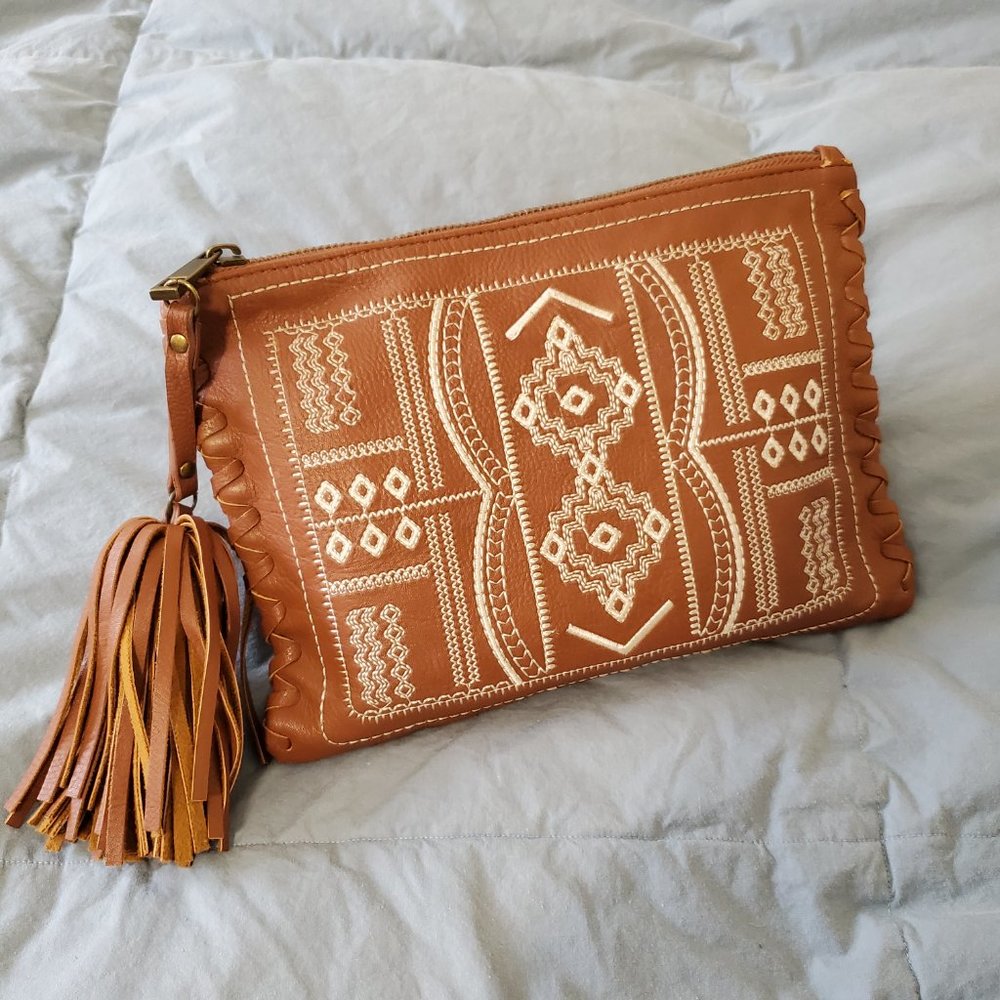 Mossimo Faux Leather Clutch Bag with Embroidery Detail and Tassel Zipper